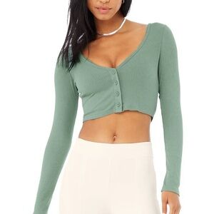 Alo Yoga Ribbed  Cropped Whisper Cardigan soft sea grass XS